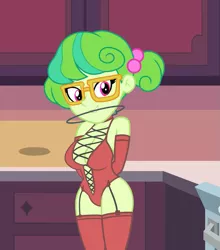 Size: 947x1074 | Tagged: suggestive, anonymous editor, edit, edited screencap, screencap, stella sprinkles, equestria girls, braces, busty stella sprinkles, clothes, glasses, lingerie, pigtails, sexy, smiling, socks, stockings, thigh highs, twintails