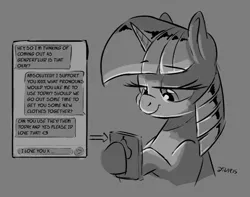 Size: 1200x946 | Tagged: safe, artist:dilarus, twilight sparkle, pony, unicorn, black and white, bust, dexterous hooves, female, gray background, grayscale, hoof hold, mare, monochrome, mouthpiece, phone, shoehorning agenda into ponies, simple background, solo, unsafe