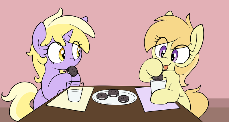 Size: 1942x1034 | Tagged: safe, artist:pestil, artist:shinodage, dinky hooves, noi, earth pony, pony, unicorn, cookie, female, filly, food, milk, table, tongue out
