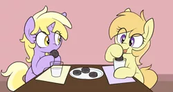 Size: 1942x1034 | Tagged: safe, artist:pestil, artist:shinodage, dinky hooves, noi, earth pony, pony, unicorn, cookie, female, filly, food, milk, table, tongue out