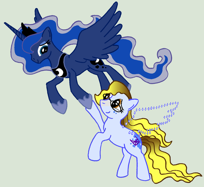 Size: 1483x1355 | Tagged: safe, artist:azdaracylius, princess luna, oc, oc:white light, alicorn, earth pony, pony, duo, earth pony oc, female, flying, glasses, holding hooves, mare, phantom wings, wings