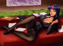 Size: 2757x2000 | Tagged: artist:king-kakapo, artist:scorpdk, beautisexy, bedroom eyes, breasts, business suit, busty twilight sparkle, cleavage, clothes, collaboration, female, flashing, human, humanized, looking at you, lying down, painting, panties, pantyhose, plant, skirt, skirt suit, solo, solo female, spreading, spread legs, suggestive, suit, twilight sparkle, underwear, upskirt, white underwear