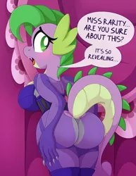Size: 2073x2689 | Tagged: suggestive, artist:pearlyiridescence, derpibooru import, paywalled source, spike, anthro, dragon, art pack:dragon's whored, ass, barb, barb butt, big breasts, blushing, bodysuit, boots, breasts, busty barb, butt, carousel boutique, claws, clothes, corset, dialogue, dragonbutt, dragoness, embarrassed, fangs, female, image, implied rarity, large butt, lizard breasts, looking back, megan thee stallion, mugler, open mouth, png, raised tail, revealing clothing, rule 63, see-through, shoes, solo, solo female, speech bubble, tail, text, the ass was fat, thigh boots, wap