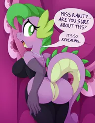 Size: 2073x2689 | Tagged: suggestive, alternate version, artist:pearlyiridescence, derpibooru import, part of a set, paywalled source, spike, anthro, dragon, art pack:dragon's whored, ass, barb, barb butt, big breasts, blushing, breasts, busty barb, butt, carousel boutique, claws, clothes, dialogue, dragonbutt, dragoness, dress, embarrassed, exposed, fangs, female, gloves, image, implied rarity, jewelry, large butt, lizard breasts, looking back, necklace, open mouth, png, raised tail, revealing clothing, rule 63, see-through, solo, solo female, speech bubble, tail, text, the ass was fat
