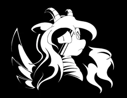 Size: 3704x2880 | Tagged: safe, artist:azdaracylius, oc, oc:elysium rose, unofficial characters only, demon, demon pony, original species, pony, black and white, bust, female, grayscale, horns, mare, monochrome, portrait, solo, wings