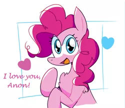 Size: 1388x1200 | Tagged: artist needed, safe, anonymous artist, banned from derpibooru, deleted from derpibooru, derpibooru import, edit, editor:edits of hate, pinkie pie, earth pony, pony, bust, chest fluff, cute, dialogue, diapinkes, female, heart, image, implied anon, looking at you, mare, open mouth, png, sidemouth, simple background, solo, white background, wholesome