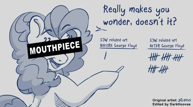 Size: 1427x795 | Tagged: safe, artist:dilarus, editor:darkhooves, unauthorized edit, pinkie pie, earth pony, pony, black lives matter, counting, digital art, female, george floyd, gray background, grayscale, hoof hold, implications, looking at you, looking back, looking back at you, mare, monochrome, mouthpiece, politics, shading, signature, simple background, smiling, solo, text, virtue signalling