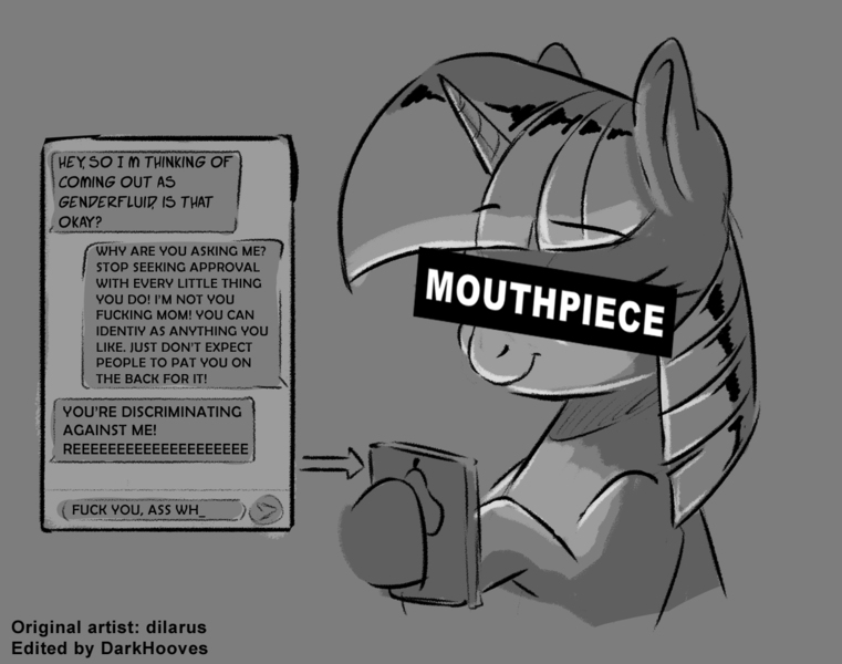 Size: 1200x946 | Tagged: safe, artist:dilarus, editor:darkhooves, unauthorized edit, twilight sparkle, pony, unicorn, black and white, bust, dexterous hooves, female, gender politics, gray background, grayscale, hoof hold, mare, monochrome, mouthpiece, phone, politically incorrect, shoehorning agenda into ponies, simple background, solo, text, unicorn twilight