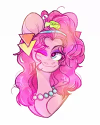 Size: 961x1200 | Tagged: safe, artist:marmaco, pinkie pie, earth pony, pony, '90s, bust, ear piercing, earring, female, headband, jewelry, mare, necklace, one eye closed, pearl necklace, piercing, portrait, solo, wingding eyes, wink