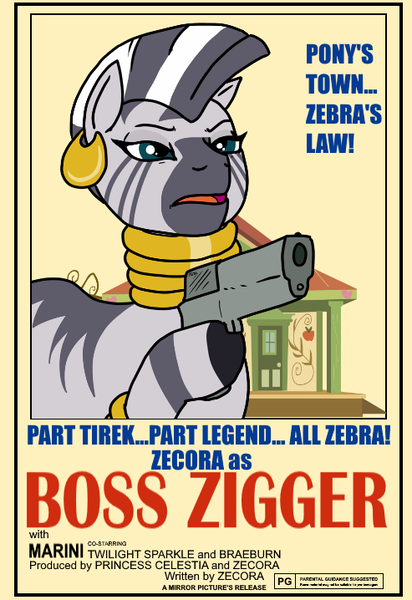 Size: 493x718 | Tagged: safe, anonymous artist, artist:a01421, artist:pony quarantine, edit, zecora, zebra, appleloosa, boss nigger, building, female, gun, image, png, ponies with guns, pun, racism, reference, solo, vulgar, weapon, ziggers