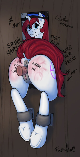 Size: 784x1536 | Tagged: explicit, semi-grimdark, artist:farcuf, edit, oc, oc:candle light the witch, unofficial characters only, human, pony, unicorn, anus, ass, balls, body writing, bondage, butt, buttstuck, cuffs, disembodied penis, dock, dubious consent, exhibitionism, exposed, female, femsub, full body glory hole, glory hole, hat, hooves, human on pony action, interspecies, mare, nudity, penetration, penis, ponut, public use, sex, sex slave, shackles, slave, slavery, stuck, submissive, tail wrap, through wall, underhoof, unicorn subjugation, vaginal, vulva, witch hat
