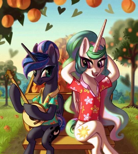 Size: 3600x4000 | Tagged: safe, artist:rrd-artist, princess celestia, princess luna, alicorn, pony, between dark and dawn, banjo, chest fluff, clothes, crossed legs, duo, female, food, hawaiian shirt, hooves behind head, looking at each other, lotta little things, mare, musical instrument, open mouth, peach, royal sisters, scene interpretation, scenery, shirt, siblings, sisters, sitting, smiling, tree, wagon