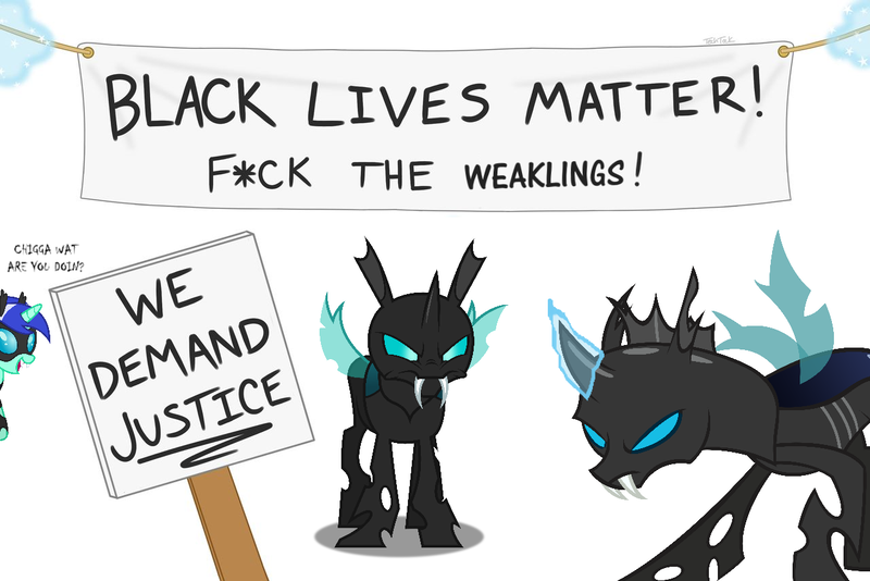 Size: 1280x854 | Tagged: banner, black lives matter, changeling, clothes, costume, diamond mint, edit, editor:drtoughlove, parody, politics, safe, sign, simple background, thorax, vector used, white background