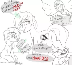 Size: 1924x1723 | Tagged: safe, artist:nignogs, edit, editor:anonymous, lyra heartstrings, ponified, ponified:verity, earth pony, human, pony, unicorn, /mlp/, 4chan, ben garrison, chest fluff, covered cutie mark, crying, female, filly, irl horse, jesus christ, lidded eyes, miss /mlp/, miss /mlp/ 2020, open mouth, parody, sign, signature, speech bubble, verity