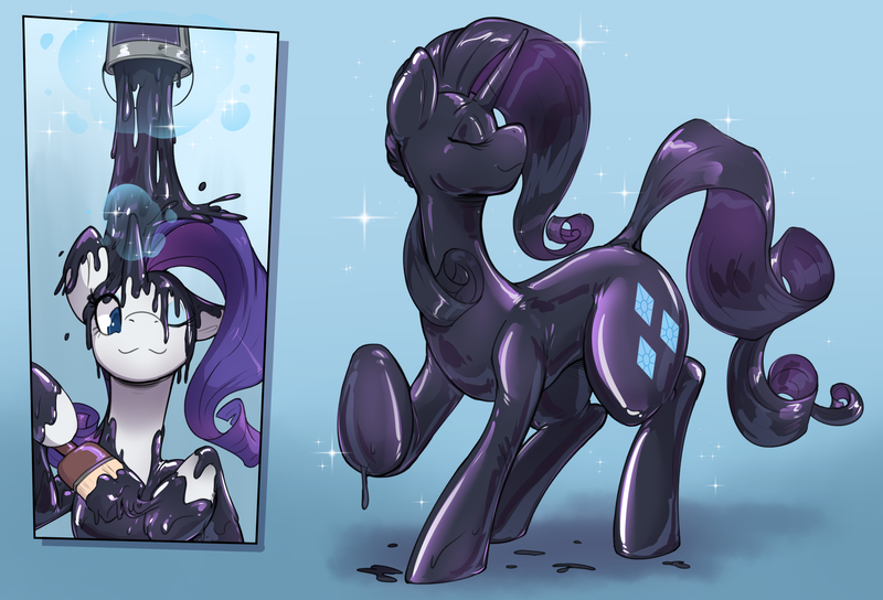 Size: 3750x2550 | Tagged: questionable, artist:helixjack, rarity, oc, oc:teef, latex pony, original species, pony, unicorn, blue background, fetish, glowing horn, horn, implied oc, inset, latex, liquid latex, magic, magic aura, not nightmare rarity, paint bucket, paintbrush, rubber, sequel, shiny, simple background, sparkles, telekinesis, transformation