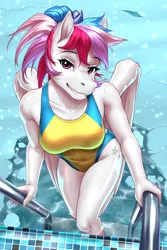 Size: 1900x2850 | Tagged: suggestive, artist:mykegreywolf, oc, oc:northstar, anthro, pegasus, anthro oc, breasts, clothes, digital art, female, high angle, image, looking at you, one-piece swimsuit, pegasus oc, png, solo, solo female, swimming pool, swimsuit, wet, wings