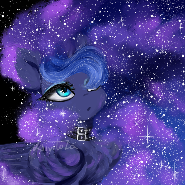 Size: 3000x3000 | Tagged: safe, artist:livitoza, princess luna, alicorn, pony, black background, chest fluff, collar, ethereal mane, female, galaxy mane, looking up, mare, simple background, solo, stars