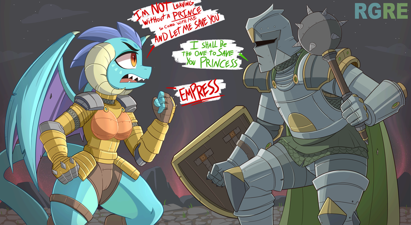 Size: 6321x3464 | Tagged: safe, artist:nignogs, princess ember, oc, oc:anon, dragon, human, /mlp/, 4chan, argument, armor, cape, clothes, dialogue, helmet, mace, reversed gender roles equestria, reversed gender roles equestria general, shield, speech bubble, weapon