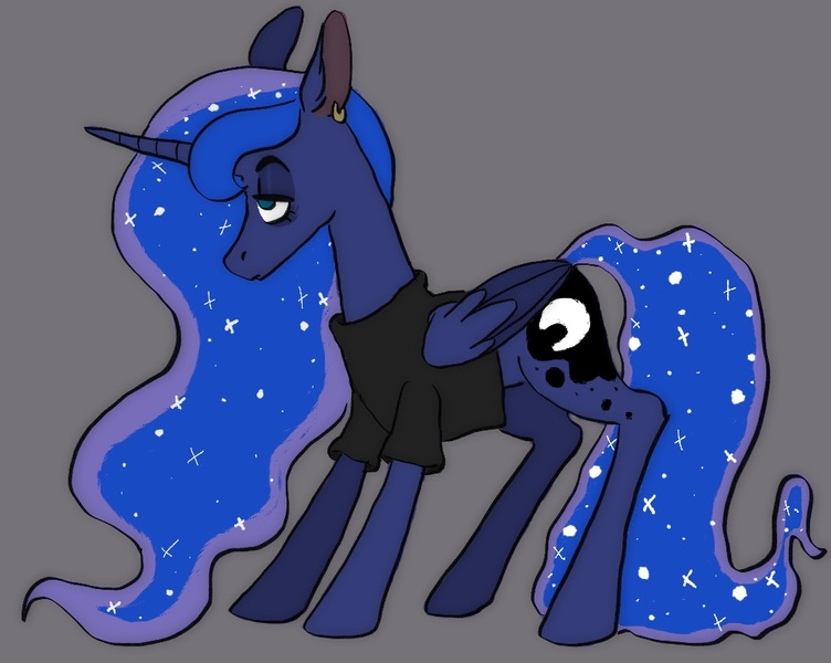 Size: 1000x798 | Tagged: safe, artist:basidia, princess luna, alicorn, pony, clothes, ear piercing, earring, female, jewelry, piercing, shirt, simple background, solo, tired