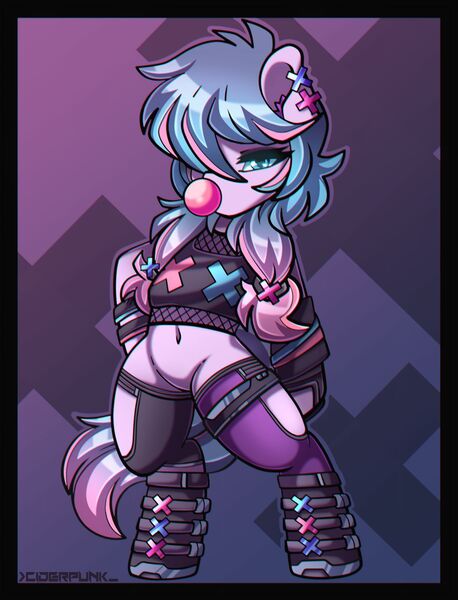Size: 1280x1677 | Tagged: safe, artist:ciderpunk, oc, unofficial characters only, pony, abstract background, belly button, bipedal, boots, bubblegum, clothes, ear piercing, featureless crotch, food, gum, hair over one eye, looking at you, piercing, shoes, solo, standing