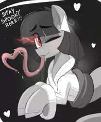Size: 1049x1260 | Tagged: safe, artist:nignogs, oc, oc:cherry blossom, unofficial characters only, ghost, ghost pony, pony, undead, female, glowing eyes, heart, long tongue, looking at you, mare, one eye closed, reversed gender roles equestria, solo, text, tongue out, wink