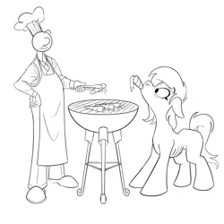 Size: 3000x3000 | Tagged: source needed, safe, artist:anontheanon, oc, oc:anon, ponified, ponified:verity, unofficial characters only, earth pony, human, pony, barbeque, carrot, chef's hat, eating, emaciated, female, filly, food, grill, hat, smiling, verity