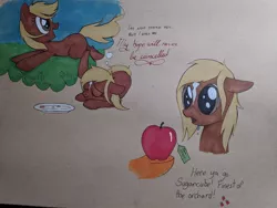 Size: 2621x1966 | Tagged: artist needed, source needed, safe, applejack, ponified, ponified:verity, earth pony, pony, art pack:marenheit 451 post-pack, apple, dialogue, dream, drool, female, filly, food, grass, grass field, hoof hold, image, jpeg, running, traditional art, verity