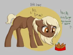 Size: 4000x3000 | Tagged: source needed, safe, artist:dumbwoofer, ponified, ponified:verity, unofficial characters only, earth pony, pony, art pack:marenheit 451 post-pack, bowl, carrot, dialogue, emaciated, female, filly, food, food bowl, image, malnourished, offscreen character, open mouth, png, solo, verity