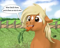 Size: 2500x2000 | Tagged: source needed, safe, artist:potes, ponified, ponified:verity, unofficial characters only, earth pony, pony, art pack:marenheit 451 post-pack, carrot, dialogue, eating, female, filly, food, grass, grass field, image, png, signature, solo, verity
