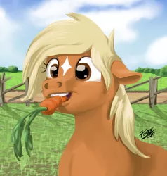 Size: 1900x2000 | Tagged: source needed, safe, artist:potes, edit, ponified, ponified:verity, unofficial characters only, earth pony, pony, art pack:marenheit 451 post-pack, carrot, cropped, eating, female, filly, food, grass, grass field, image, png, signature, solo, verity