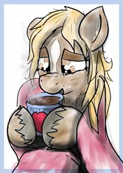 Size: 1275x1776 | Tagged: safe, artist:glutenfree_texmex, ponified, ponified:verity, unofficial characters only, earth pony, pony, blanket, chest fluff, chocolate, female, filly, food, happy, hoof hold, hot chocolate, mug, smiling, solo, verity