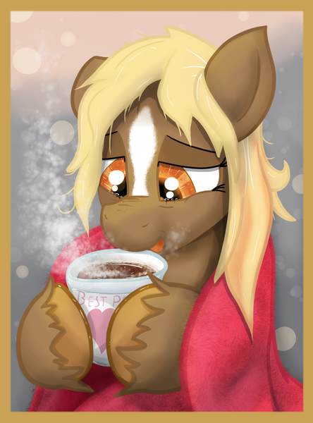 Size: 1598x2160 | Tagged: safe, artist:glutenfree_texmex, ponified, ponified:verity, unofficial characters only, pony, abstract background, blanket, bust, chocolate, crying, female, filly, food, hot chocolate, messy mane, portrait, tears of joy, teary eyes, unshorn fetlocks, verity, wholesome