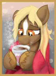 Size: 1598x2160 | Tagged: safe, artist:glutenfree_texmex, ponified, ponified:verity, unofficial characters only, pony, abstract background, blanket, bust, chocolate, crying, female, filly, food, hot chocolate, messy mane, portrait, tears of joy, teary eyes, unshorn fetlocks, verity, wholesome