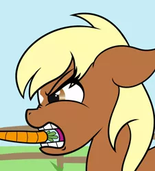 Size: 1088x1204 | Tagged: safe, artist:evan555alpha, edit, ponified, ponified:verity, unofficial characters only, earth pony, pony, angry, carrot, cropped, female, filly, food, sideways glance, solo, verity