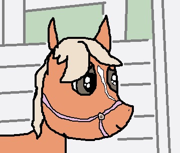 Size: 359x307 | Tagged: safe, artist:anonymous, ponified, ponified:verity, unofficial characters only, earth pony, pony, /mlp/, 1000 hours in ms paint, 4chan, bridle, female, filly, sideways glance, smiling, solo, stable, tack, verity