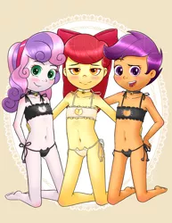 Size: 1700x2200 | Tagged: suggestive, alternate version, artist:vsdrawfag, banned from derpibooru, apple bloom, scootaloo, sweetie belle, equestria girls, barefoot, bell, belly button, blushing, breasts, cat bell, clothes, cutie mark crusaders, delicious flat chest, feet, female, lolicon, open mouth, panties, pixiv, raised eyebrow, simple background, smiling, smirk, trio, underage, underwear