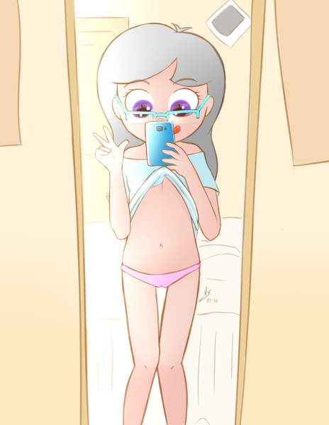 Size: 2975x3850 | Tagged: suggestive, artist:vsdrawfag, banned from derpibooru, silver spoon, human, bedroom, belly button, breasts, cameltoe, clothes, delicious flat chest, exposed belly, female, glasses, humanized, lolicon, looking at phone, mirror, panties, phone, pixiv, selfie, taking a photo, tongue out, underage, underwear