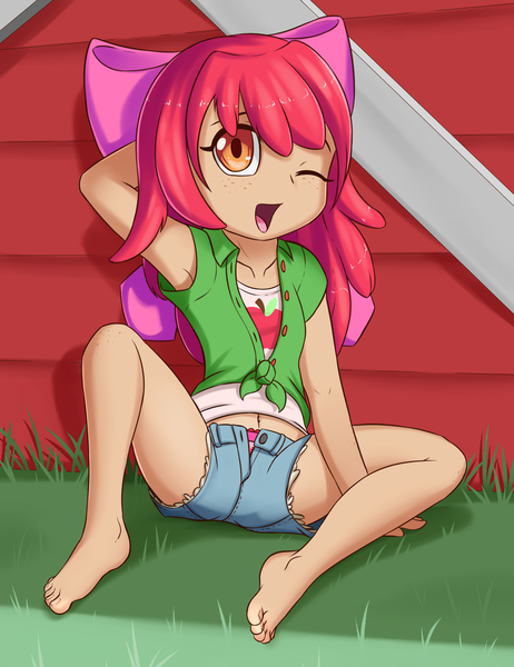 Size: 2000x2600 | Tagged: apple bloom, arm behind head, artist:fearingfun, barn, clothes, feet, female, freckles, human, humanized, one eye closed, open mouth, safe, shorts, solo, spreading, spread legs, wink