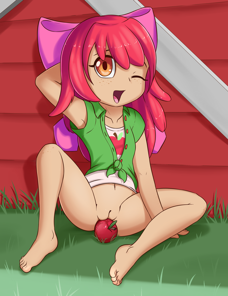 Size: 2000x2600 | Tagged: explicit, artist:fearingfun, banned from derpibooru, edit, apple bloom, human, apple, barn, bottomless, clothes, exhibitionism, feet, female, food, humanized, lolicon, looking at you, nudity, one eye closed, open mouth, outdoors, partial nudity, public nudity, sitting, sitting on apple, solo, solo female, spreading, spread legs, underage, vulva, wink, young