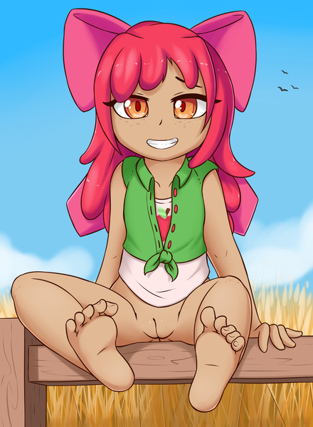 Size: 2200x3000 | Tagged: explicit, artist:fearingfun, banned from derpibooru, edit, apple bloom, human, bottomless, clothes, feet, female, fence, humanized, lolicon, looking at you, moderate dark skin, nudity, partial nudity, sitting, sitting on fence, smiling, solo, underage, vulva, young