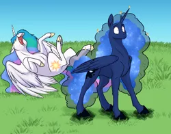 Size: 1200x943 | Tagged: safe, artist:foxenawolf, princess celestia, princess luna, alicorn, pony, fanfic:off the mark, context is for the weak, ethereal mane, female, frizzy hair, grass, laughing, lmao, lying down, mare, on back, rofl, scorched, shocked, shocked expression, underhoof