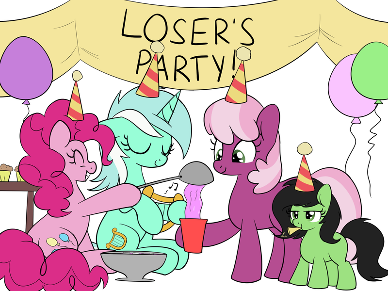 Size: 2000x1500 | Tagged: safe, artist:anonymous, cheerilee, lyra heartstrings, pinkie pie, oc, oc:anonfilly, earth pony, pony, unicorn, /mlp/, 4chan, balloon, banner, eyes closed, female, filly, hat, kazoo, lyre, mare, miss /mlp/, miss /mlp/ 2020, musical instrument, party, party hat, punch (drink), punch bowl, simple background, white background