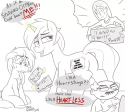 Size: 1924x1723 | Tagged: safe, alternate version, artist:nignogs, lyra heartstrings, ponified, ponified:verity, earth pony, human, pony, unicorn, /mlp/, 4chan, abuse, ben garrison, bully, bullying, chest fluff, covered cutie mark, crying, dialogue, female, filly, lauren faust, magic, male, mare, miss /mlp/, miss /mlp/ 2020, parody, propaganda, simple background, speech bubble, stan kelly, the onion, verity, white background