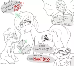 Size: 1924x1723 | Tagged: safe, artist:nignogs, lyra heartstrings, ponified, ponified:verity, earth pony, human, pony, unicorn, /mlp/, 4chan, abuse, ben garrison, bully, bullying, chest fluff, covered cutie mark, crying, dialogue, female, filly, jesus christ, magic, male, mare, miss /mlp/, miss /mlp/ 2020, parody, propaganda, simple background, speech bubble, stan kelly, the onion, verity, white background