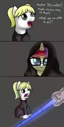 Size: 1814x3580 | Tagged: safe, artist:trash anon, moondancer, oc, oc:philia, earth pony, pony, unicorn, 3 panel comic, anakin skywalker, cloak, clothes, costume, female, filly, horn, lightsaber, magic, mare, open mouth, star wars, star wars: revenge of the sith, telekinesis, text, this will end in tears, toy, weapon