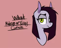 Size: 1100x863 | Tagged: safe, artist:niggerdrawfag, oc, oc:razorwire, unofficial characters only, pony, unicorn, black mane, bust, edgy oc, female, gray coat, hair over one eye, lidded eyes, looking at you, mare, missing horn, portrait, red background, simple background, solo, text, yellow eyes