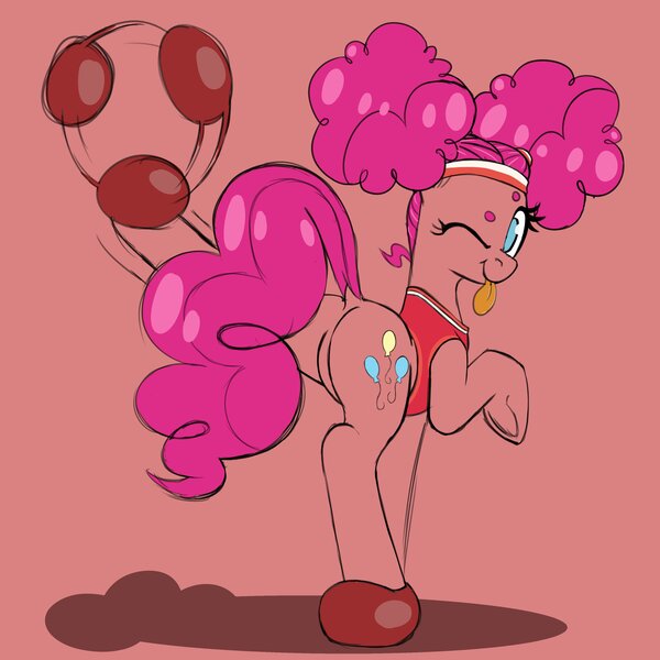 Size: 3450x3450 | Tagged: safe, artist:niggerdrawfag, pinkie pie, earth pony, pony, buckball season, alternate hairstyle, buckball, buckball uniform, cute, female, looking at you, looking back, looking back at you, mare, one eye closed, raised hoof, red background, silly, simple background, solo, sweatband, tongue out, wink