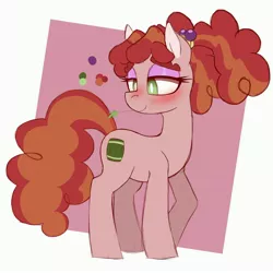 Size: 4096x4096 | Tagged: safe, artist:niggerdrawfag, tree h. hooffield, earth pony, pony, absurd resolution, alternate hairstyle, blushing, cute, eyeshadow, female, image, jpeg, lidded eyes, looking back, makeup, mare, simple background, smiling, solo, straw in mouth, white background