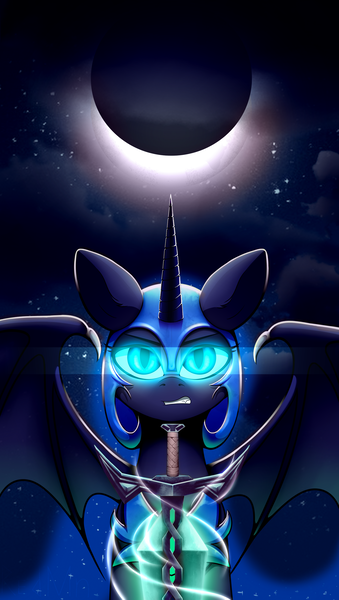 Size: 1866x3304 | Tagged: safe, artist:redmn, nightmare moon, princess luna, alicorn, pony, female, frown, glare, mare, moon, night, sky, solo, stars, sword, warrior luna, weapon