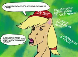 Size: 3513x2597 | Tagged: safe, artist:helsaabi, applejack, earth pony, pony, cropped, donald trump, donald trump transformation, downvote bait, female, grammar error, make equestria great again, mare, politics, speech bubble, text, transformation, wat, why